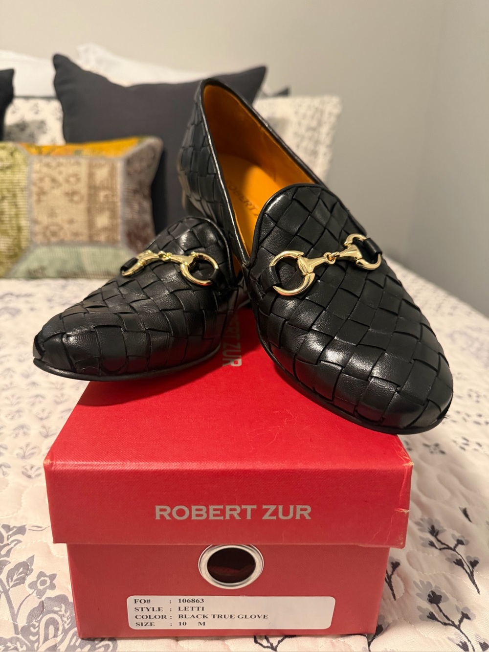 Robert Zur LETTI Black Woven Leather Loafers with Gold Bit Detail